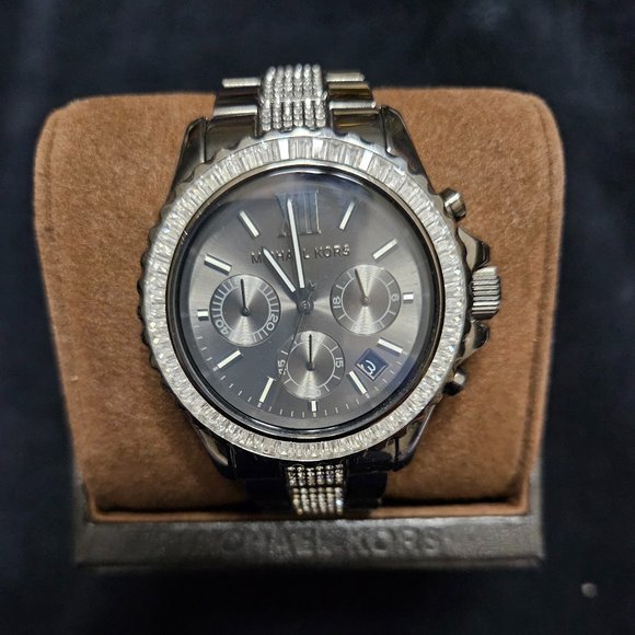 Michael Kors gunmetal watch with clear stone baguette bezel - style MK-5829 - Picture 4 of 5